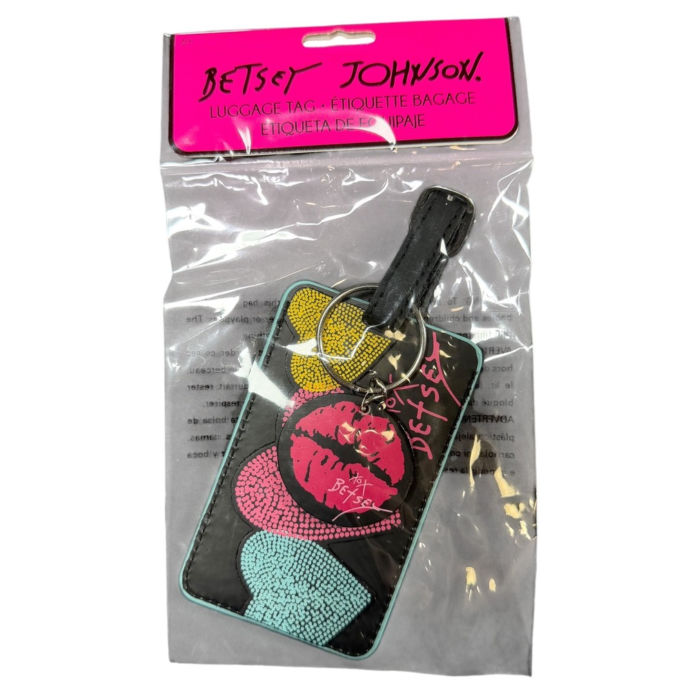 Betsey Johnson Luggage Tag Lips‎ Hearts Pink Black Travel ID Bag Charm NIP
